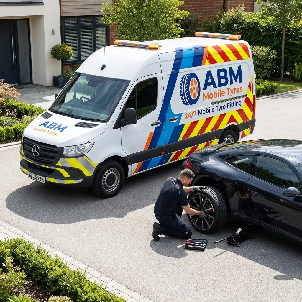 ABM Mobile Tyres van parked in a driveway replacing a tyre on a blue VW Golf
